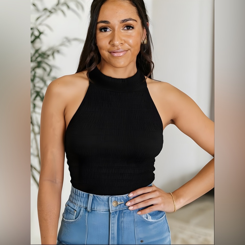 Black Smocked halter crop top - Picture 2 of 5